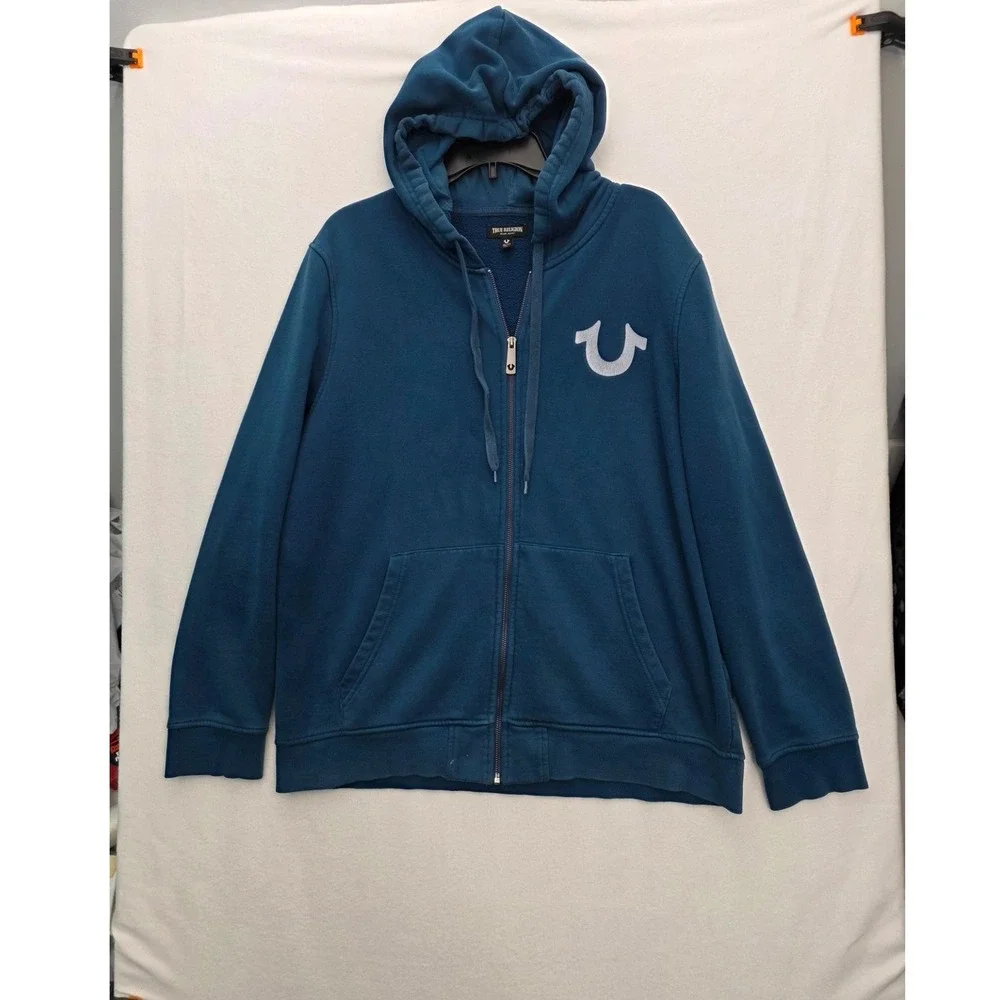 True Religion Multiply Zip Up Hoodie Large Blue Cotton Blend Streetwear Y2K Logo